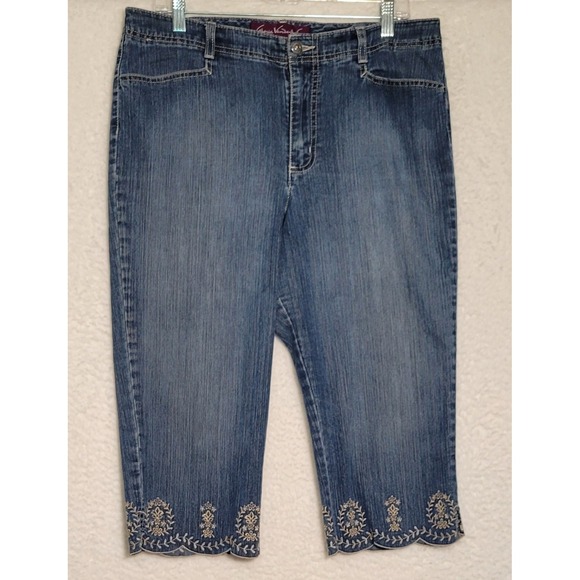 Gloria Vanderbilt Capri Sz 14P Denim Straight Leg Embroidered Scalloped Leg 0424 - Picture 1 of 9
